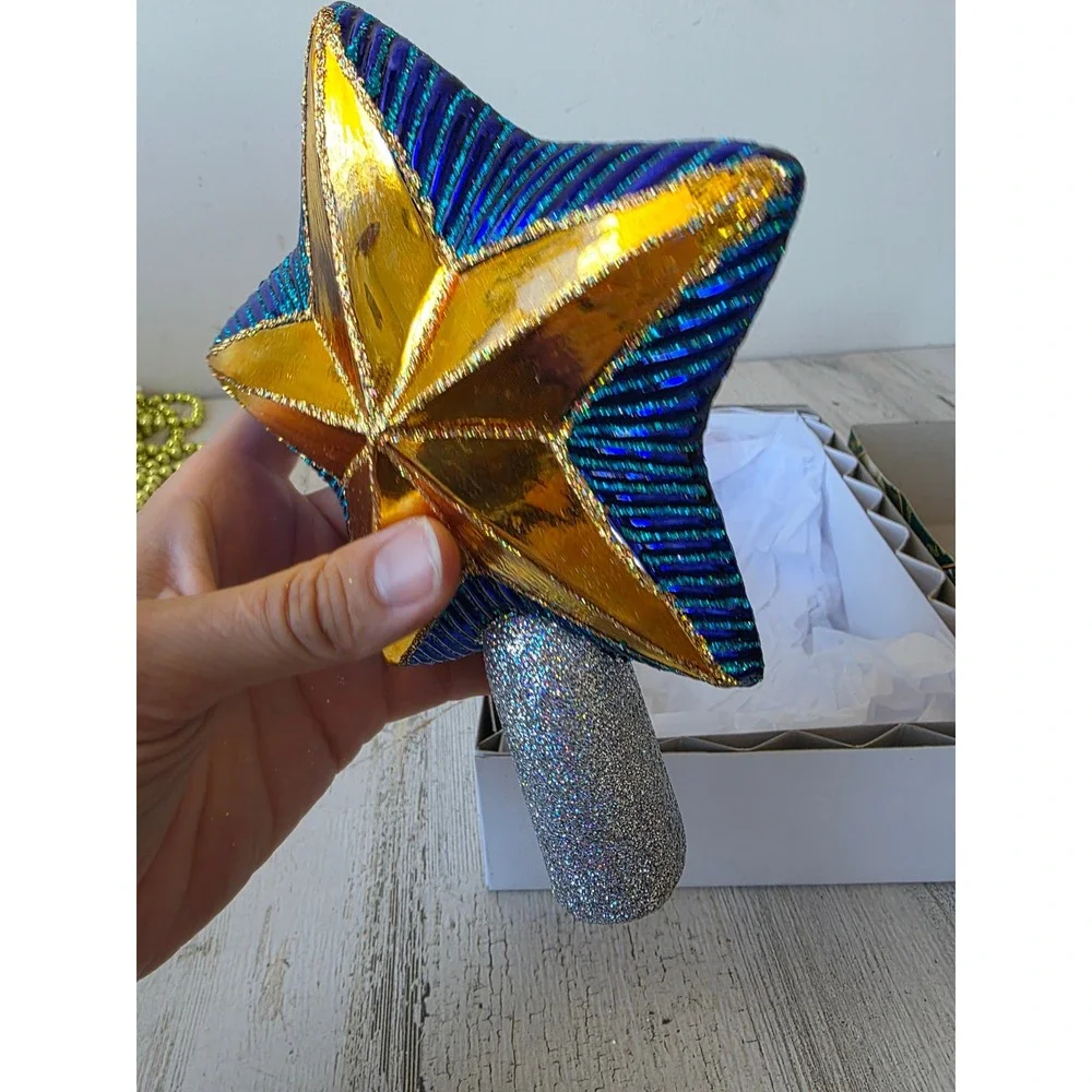 OWC old world star glitter tree topper gold blue Xmas glass tree